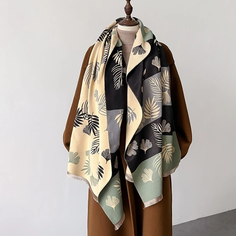 Sciarpa Scialle Invernale Ispessita Doppio Viso Imitazione Cashmere Stampa Foglie Di Ginkgo Patchwork Nappa Per Donne