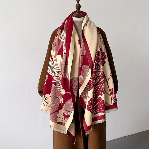 Sciarpa Scialle Invernale Da Donna Spessa Calda Morbida Imitazione Cashmere Jacquard Foglia Di Ginkgo Elegante