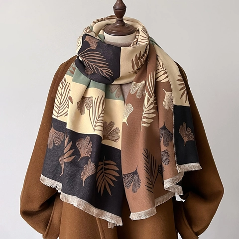 Sciarpa Scialle Invernale Ispessita Doppio Viso Imitazione Cashmere Stampa Foglie Di Ginkgo Patchwork Nappa Per Donne