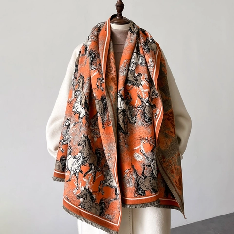 Winter Scarf Shawl Imitation Cashmere Thickened Horse Print Tassels Elegant Warm Wrap For Women