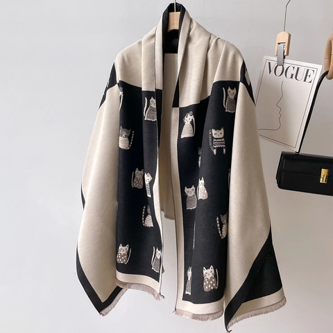 Echarpe Chale Imitation Cachemire Polyester Melange Chaud Doux Motif Chat Color Block Frange Automne Hiver Accessoire Femmes