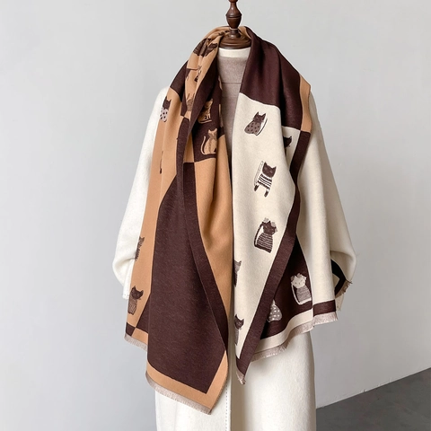 Echarpe Chale Imitation Cachemire Polyester Melange Chaud Doux Motif Chat Color Block Frange Automne Hiver Accessoire Femmes