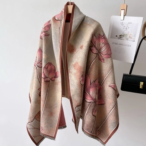 Lotus Print Scarf Elegant Cashmere-like Warm Winter Shawl With Tassel Fringe Double Sided Vintage For Women