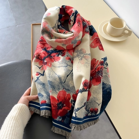Sciarpa Scialle Vintage Con Stampa Floreale Da Donna In Finta Cashmere Spessa Calda Invernale Elegante Nappe