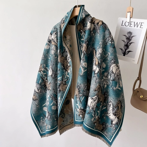 Winter Scarf Shawl Imitation Cashmere Thickened Horse Print Tassels Elegant Warm Wrap For Women