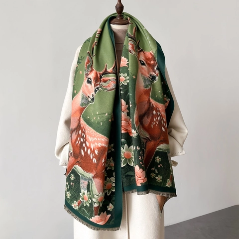 Winter Warm Scarf Shawl Imitation Cashmere Thick Double Sided Deer Floral Pattern Tassels Elegant For Women