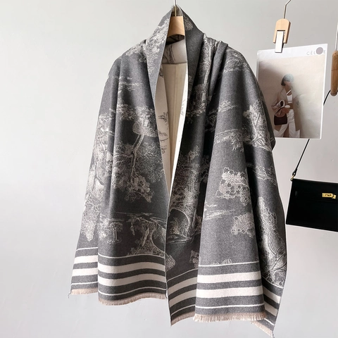 Sciarpa Scialle Simil Cashmere Reversibile Stampa Paesaggio Toile De Jouy Frange Con Nappine Inverno Caldo Retro Elegante Donne