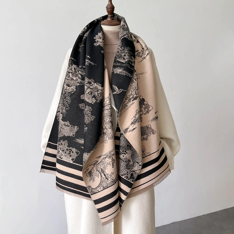 Sciarpa Scialle Simil Cashmere Reversibile Stampa Paesaggio Toile De Jouy Frange Con Nappine Inverno Caldo Retro Elegante Donne