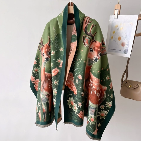 Winter Warm Scarf Shawl Imitation Cashmere Thick Double Sided Deer Floral Pattern Tassels Elegant For Women