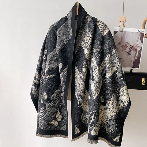 Butterfly Print Imitation Cashmere Scarf Double Sided Shawl Wrap With Tassel Elegant Warm Winter Accessories For Women