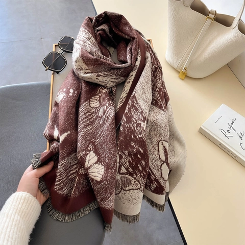 Butterfly Print Imitation Cashmere Scarf Double Sided Shawl Wrap With Tassel Elegant Warm Winter Accessories For Women