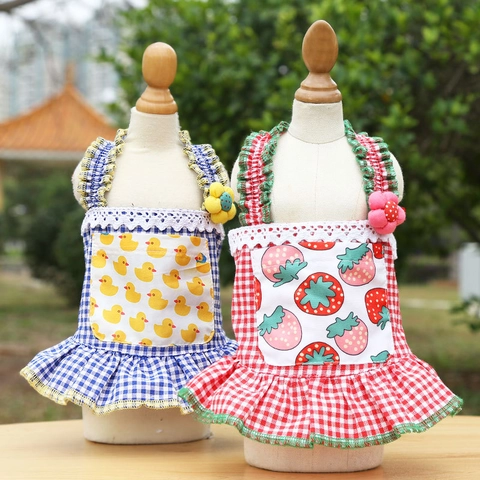 Pet Dog Summer Dress Breathable Polyester Plaid Strawberry Duck Print Lace Ruffle Princess Style For Small Dogs Cats