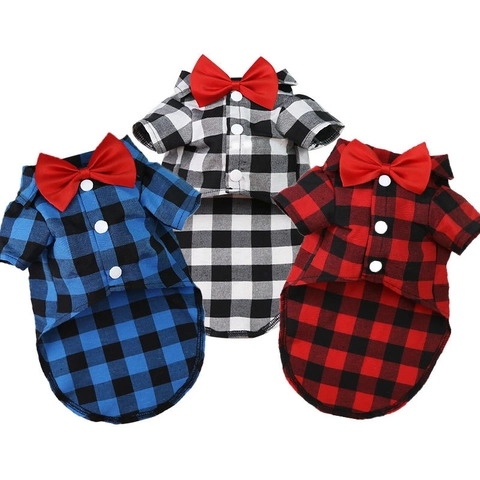 Pet Plaid Shirt Gentleman Suit Dog Cat Wedding Formal Clothing With Red Bowtie Small Medium Large Dogs Cats Party Outfits