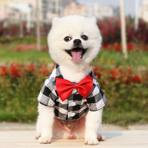 Pet Plaid Shirt Gentleman Suit Dog Cat Wedding Formal Clothing With Red Bowtie Small Medium Large Dogs Cats Party Outfits