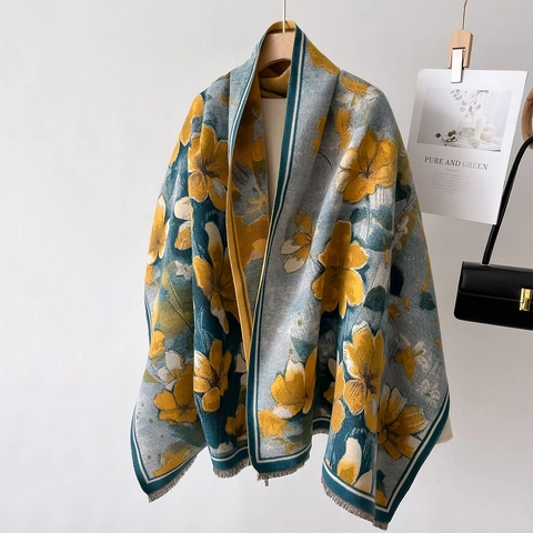 Sciarpa Elegante Con Stampa Floreale Scialle In Finta Cashmere Calda Con Frange Per Donna Autunno Inverno