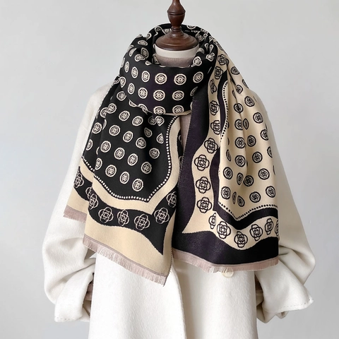 Bufanda De Invierno Para Mujer De Imitación Cachemira Chal Grande Con Estampado Floral De Camelia Gruesa Cálida Con Borlas Accesorio De Moda Elegante