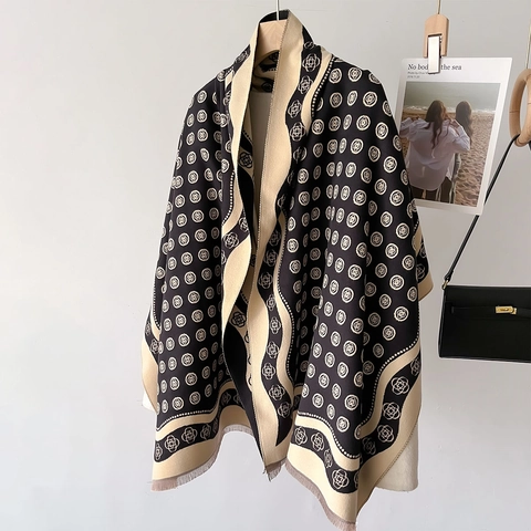 Bufanda De Invierno Para Mujer De Imitación Cachemira Chal Grande Con Estampado Floral De Camelia Gruesa Cálida Con Borlas Accesorio De Moda Elegante