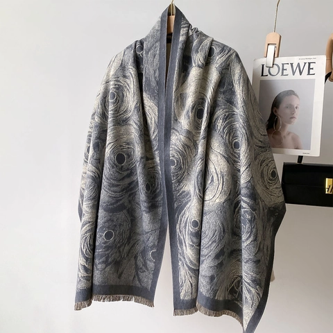 Sciarpa Invernale Da Donna In Finto Cashmere Stampa Floreale Rose Nappa Scialle Caldo Avvolgente Vintage Elegante Doppia Faccia Spessa