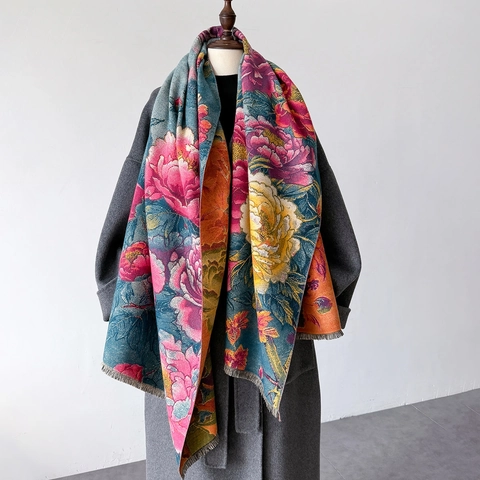 Peony Floral Shawl Scarf Imitation Cashmere Thick Warm Winter Tassel Wrap Retro Chinese Style Elegant Women