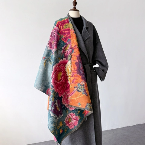 Peony Floral Shawl Scarf Imitation Cashmere Thick Warm Winter Tassel Wrap Retro Chinese Style Elegant Women