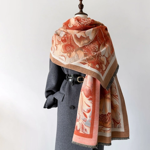 Sciarpa Invernale da Donna Jacquard Floreale Vintage Morfida Imitazione Cashmere Scialle Caldo Con Nappina Avvolgente