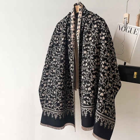 Sciarpa Invernale In Finto Cashmere Scialle Reversibile Motivo Floreale Vite Spesso Caldo Elegante Frange Donna