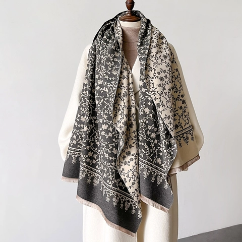 Sciarpa Invernale In Finto Cashmere Scialle Reversibile Motivo Floreale Vite Spesso Caldo Elegante Frange Donna