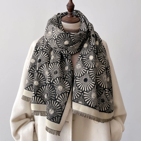 Elegant Faux Cashmere Scarf Sunflower Print Thick Warm Winter Shawl With Fringe For Women Commuter Style