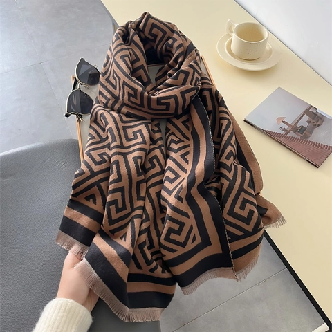 Sciarpa Invernale Scialle Da Donna Imitazione Cashmere Motivo Geometrico Greco Spesso Caldo Doppia Faccia Con Nappe