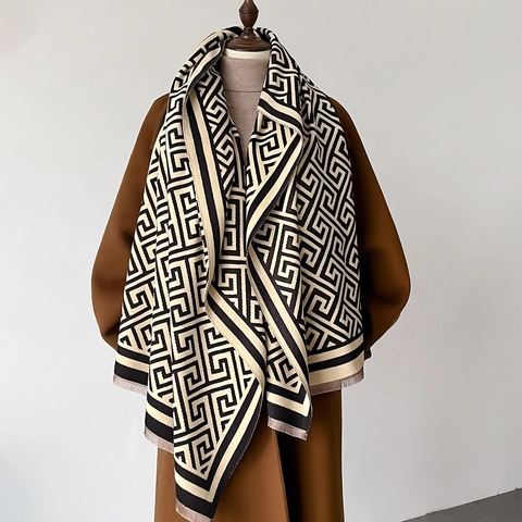 Sciarpa Invernale Scialle Da Donna Imitazione Cashmere Motivo Geometrico Greco Spesso Caldo Doppia Faccia Con Nappe