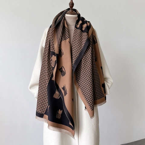 Faux Cashmere Winter Scarf For Women Thickened Warm Shawl With Houndstooth Pattern And Cute Cat Print Tassel Edge Elegant