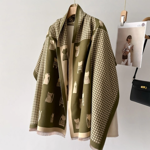Faux Cashmere Winter Scarf For Women Thickened Warm Shawl With Houndstooth Pattern And Cute Cat Print Tassel Edge Elegant