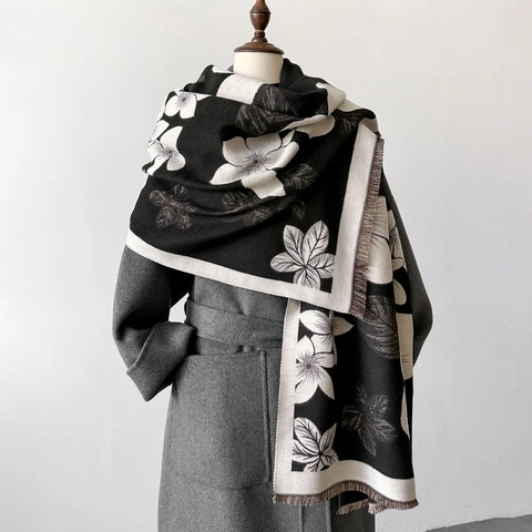 Women Winter Scarf Shawl Imitation Cashmere Floral Print Thick Warm Windproof Tassel Pashmina Wrap Elegant Fashionable