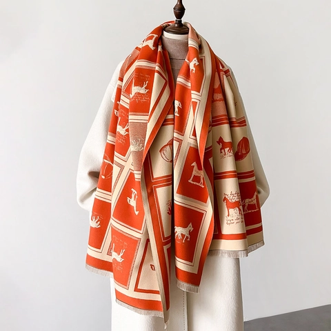 Imitation Kaschmir Schal Pferdedruck Karo Winter Warm Verdicktes Schultertuch Mit Quasten Reitstil Für Damen