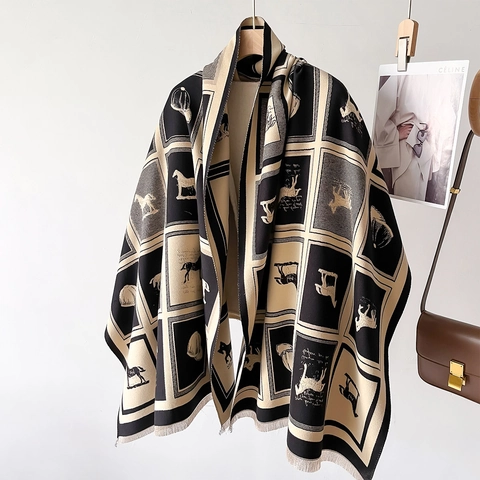 Imitation Kaschmir Schal Pferdedruck Karo Winter Warm Verdicktes Schultertuch Mit Quasten Reitstil Für Damen