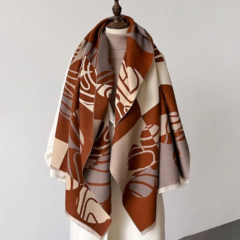 Sciarpa Donna Stampa Geometrica Astratta Imitazione Cashmere Scialle Caldo Invernale Con Frange Colore Contrastante