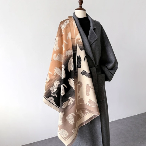Women Cartoon Cat Print Faux Cashmere Winter Scarf Gradient Color Thickened Warm Pashmina Shawl Wrap With Tassels