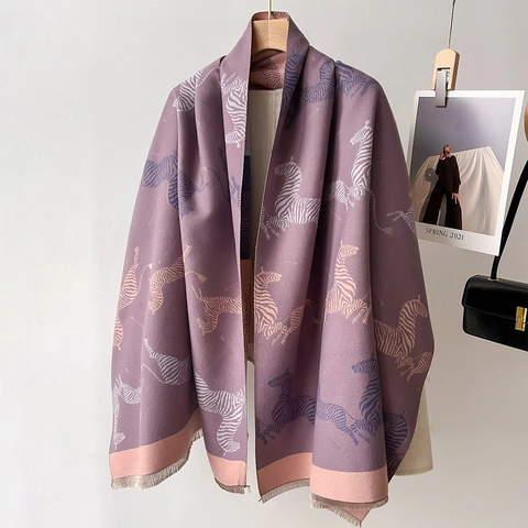 Bufanda Chal Estampado Cebra Imitación Cachemira Color Block Grueso Cálido Borlas Para Mujer Estilo Coreano Elegante