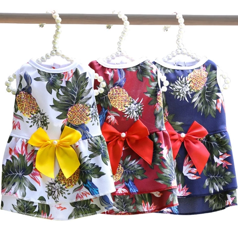Summer Pet Dog Cat Dress Pineapple Print Breathable Mesh Tutu Skirt With Large Bowknot Artificial Pearl Decoration For Small Dogs
