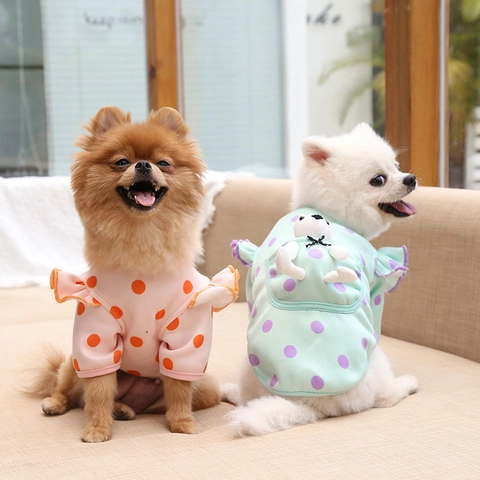 Warm Knit Pet Dog Sweater Polka Dot Ruffle Sleeves Back Pocket White Plush Bear Doll For Small Dogs Cats