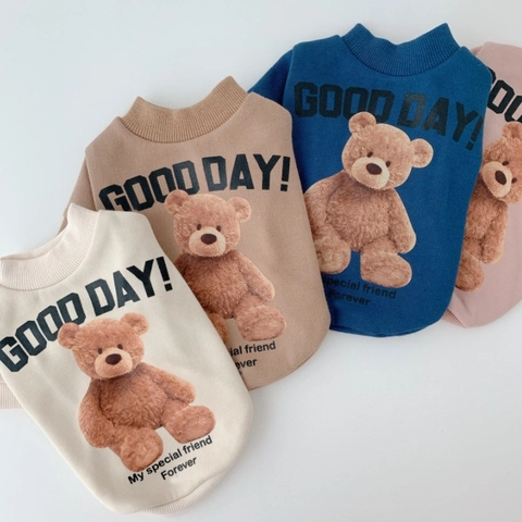 Cute Teddy Bear Print Dog Sweatshirt Knitted Acrylic Cotton Blend Puppy Clothes With Leash D-Ring Soft Casual Cat Apparel