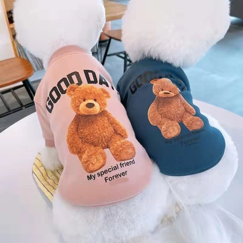 Cute Teddy Bear Print Dog Sweatshirt Knitted Acrylic Cotton Blend Puppy Clothes With Leash D-Ring Soft Casual Cat Apparel