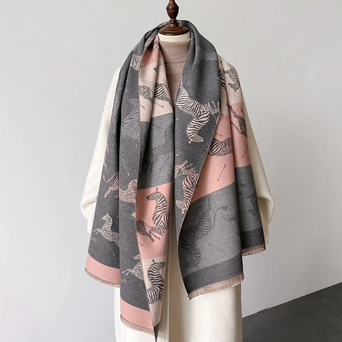 Bufanda Chal Estampado Cebra Imitación Cachemira Color Block Grueso Cálido Borlas Para Mujer Estilo Coreano Elegante