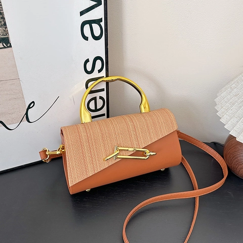 Borsa A Tracolla Quadrata Strutturata Donna Patchwork Pelle PU Tessuto Parte Superiore Metallo Dorato Chiusura Magnetica