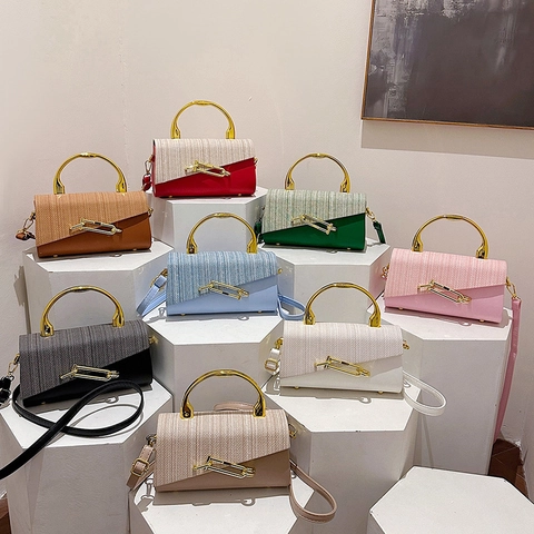 Borsa A Tracolla Quadrata Strutturata Donna Patchwork Pelle PU Tessuto Parte Superiore Metallo Dorato Chiusura Magnetica