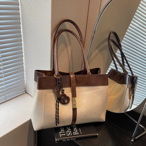 Borsa Tote Da Donna Grande Capacità Pelle PU Vintage Contrasto Colore Borsa A Tracolla Con Chiusura In Metallo Per Ufficio Casual
