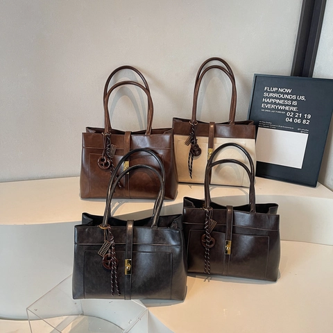 Borsa Tote Da Donna Grande Capacità Pelle PU Vintage Contrasto Colore Borsa A Tracolla Con Chiusura In Metallo Per Ufficio Casual