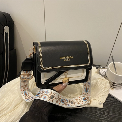 Borsa a Tracolla Donna in Pelle PU Fashion Color Block Piccola Borsa Quadrata Retro Tracolla Larga Ricamata Chiusura Magnetica