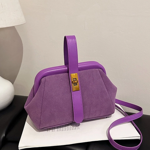 Vintage Suede PU Leather Crossbody Bag Women Retro Matte Shell Doctor Handbag With Metal Twist Lock Adjustable Strap