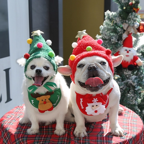 Haustier Weihnachten Hut Lätzchen Set Rentier Weihnachtsmann Weich Plüsch Polyester Kostüm Zubehör Für Hunde Katzen Party